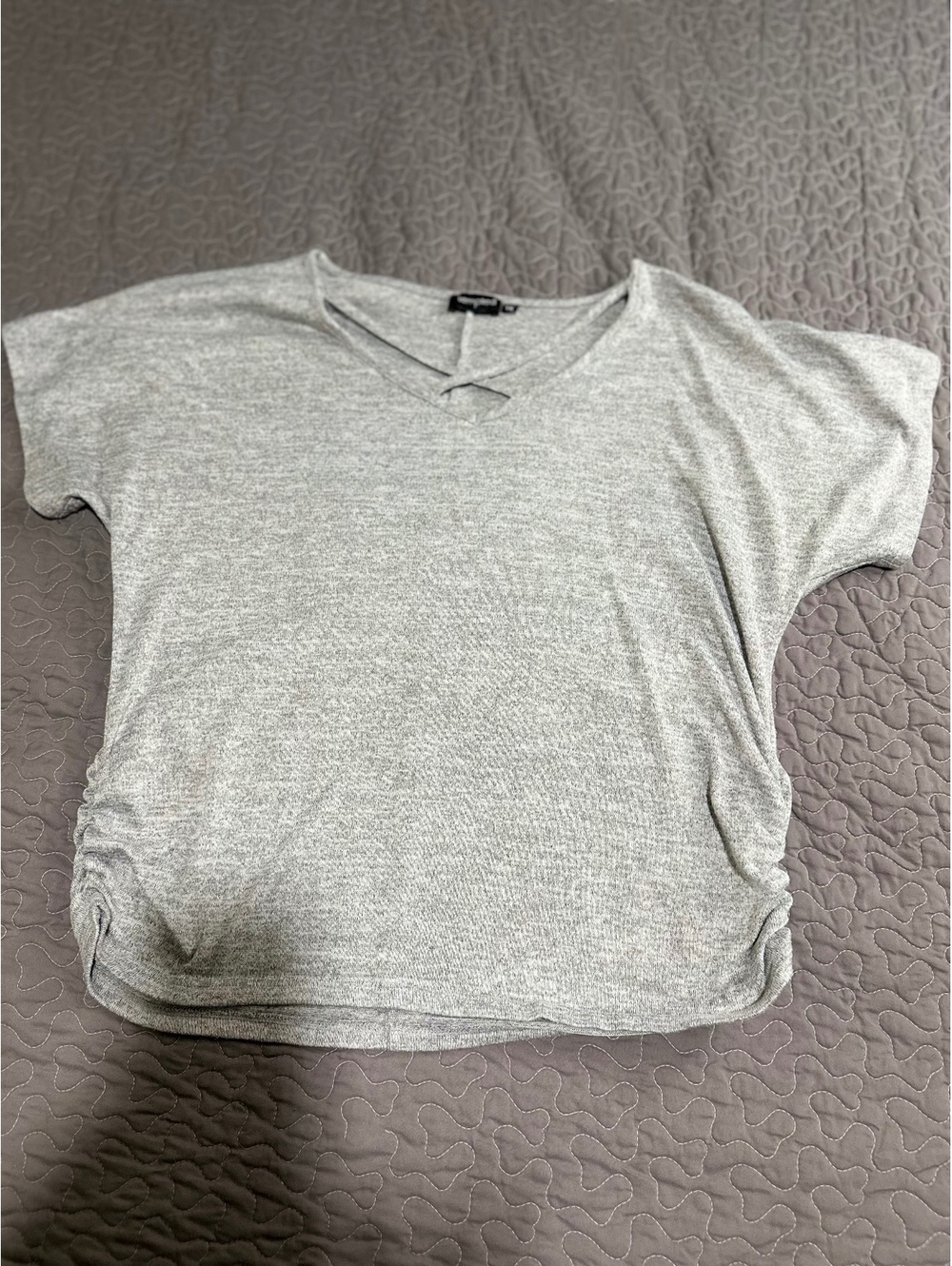 Tempted Plus Size 1X Heather Gray Criss Cross V-Neck Ruched Side Knit Top